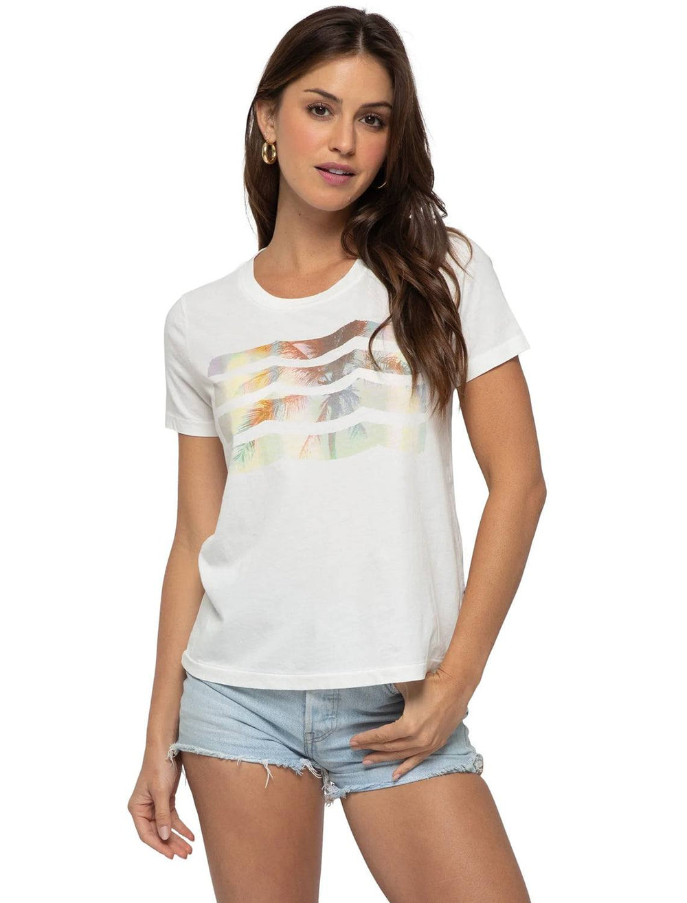 Model wearing Sol Angeles' Faded Palm Wave Tee in Dirty White.