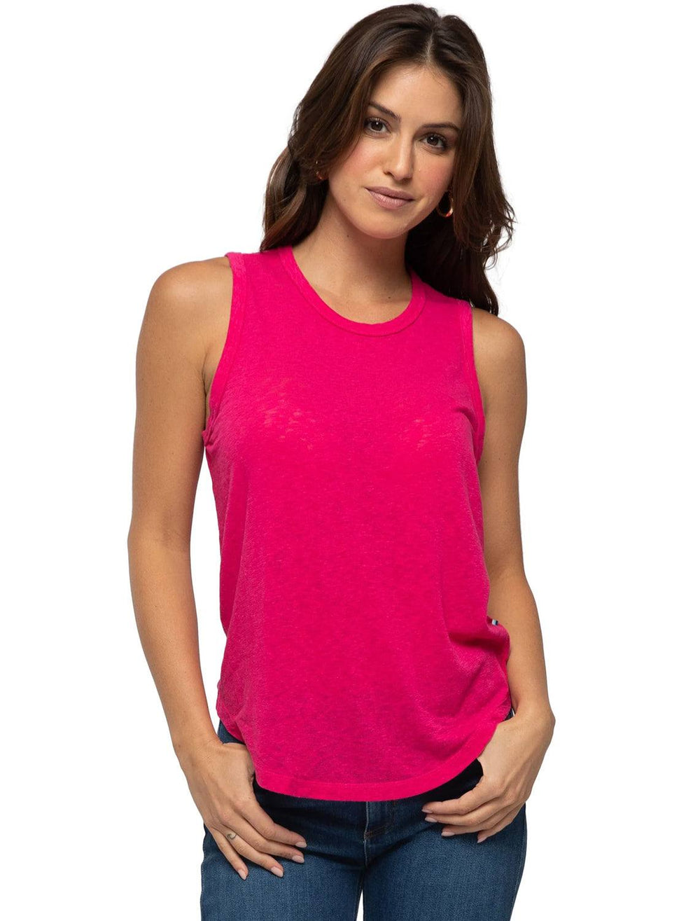 Model wearing Sol Angeles' Eco Slub Tank in Dahlia.