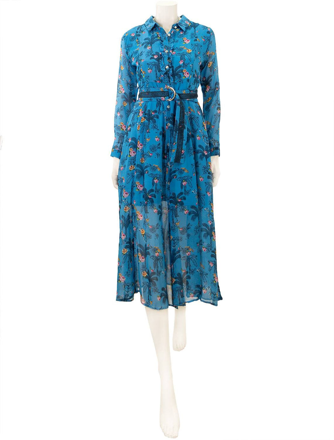 Front view of Emily Lovelock's isabella dress in blue.