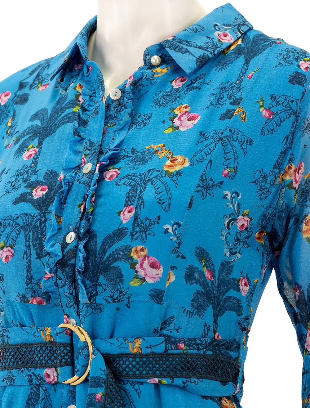 Close-up view of Emily Lovelock's isabella dress in blue.