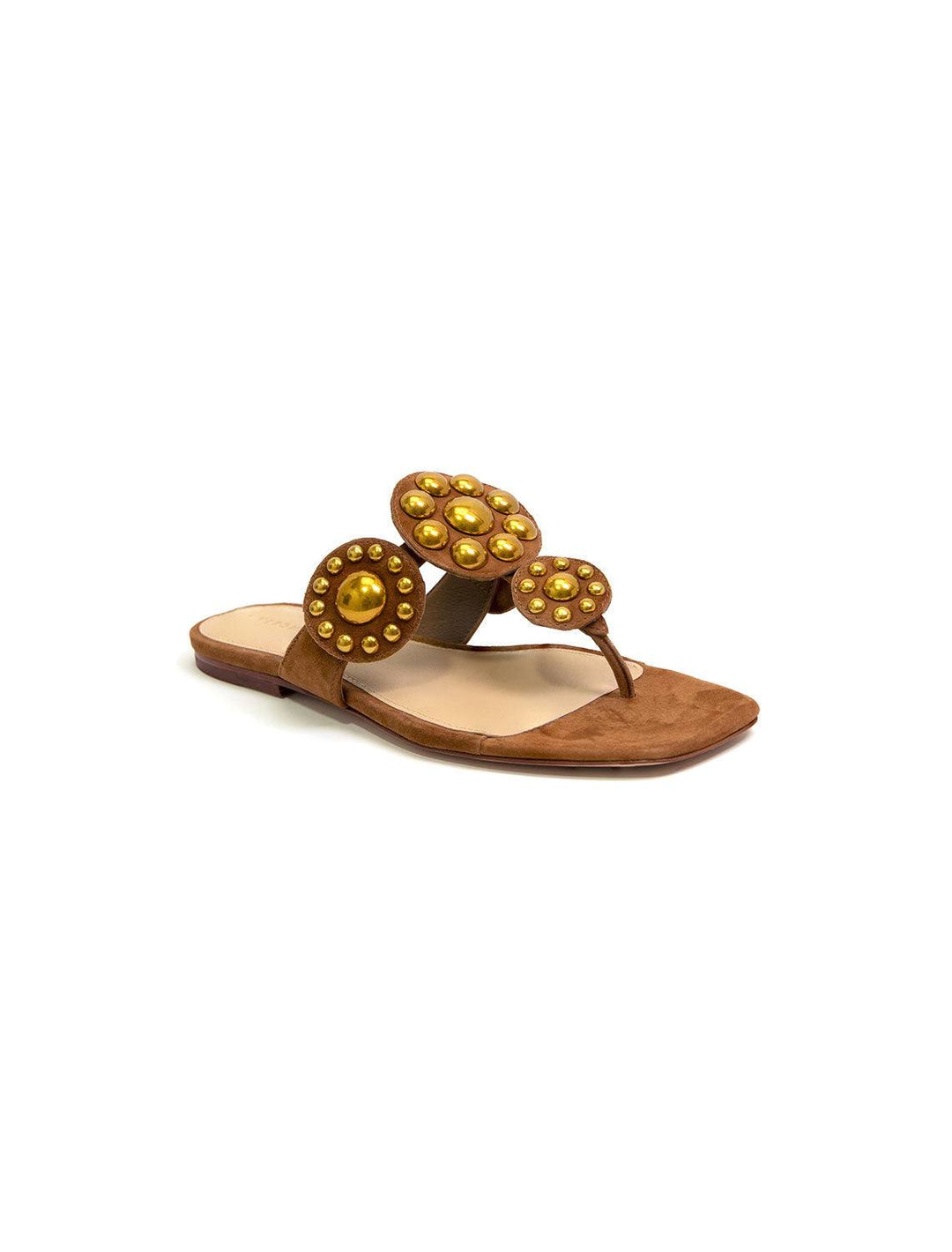 Front view of Veronica Beard's minari sandal in hazelwood.