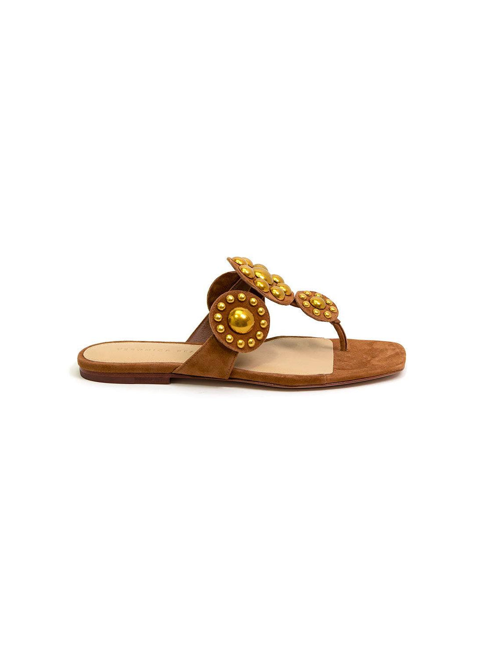 Side view of Veronica Beard's minari sandal in hazelwood.