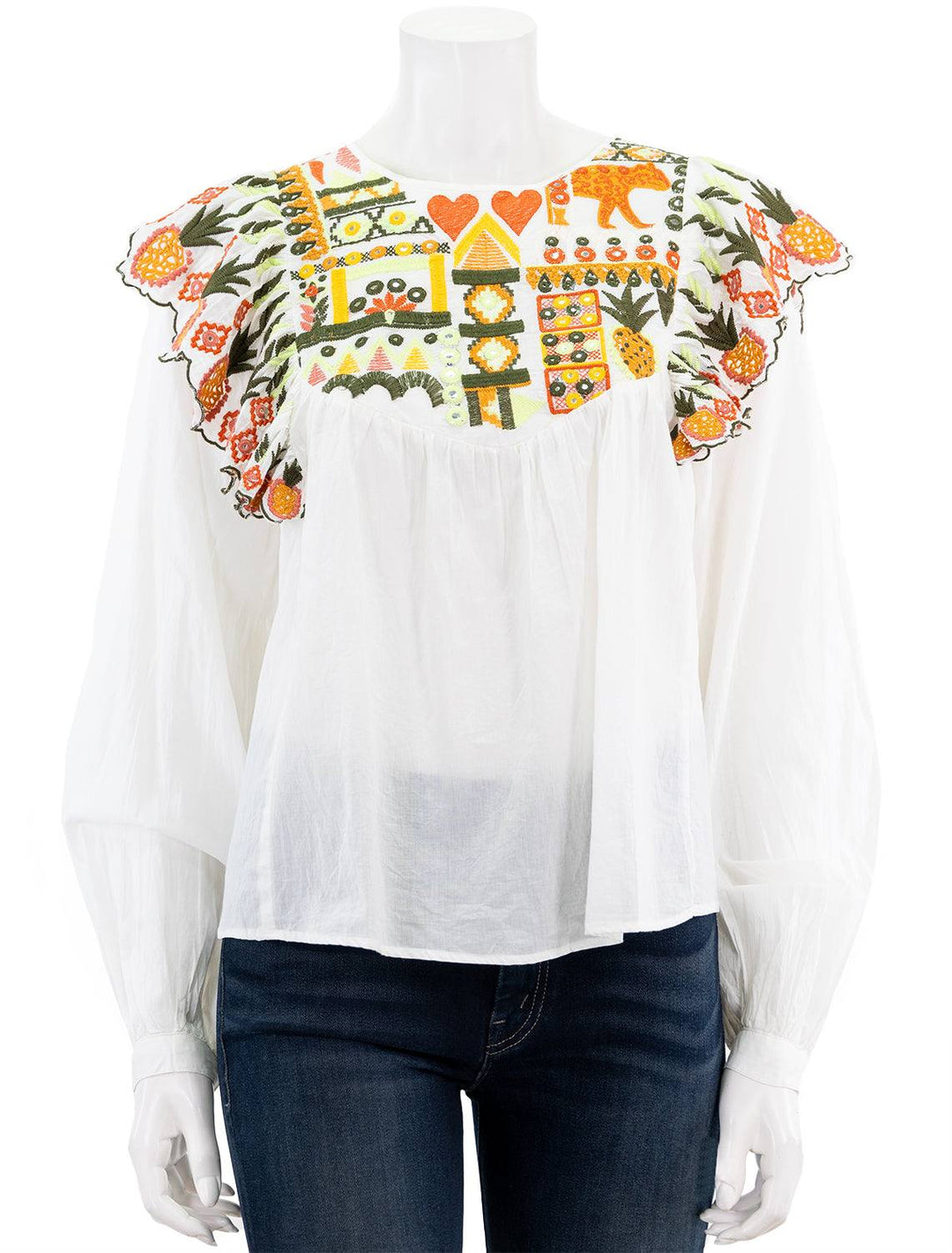 Front view of Farm Rio's embroidery fall leaf white blouse.