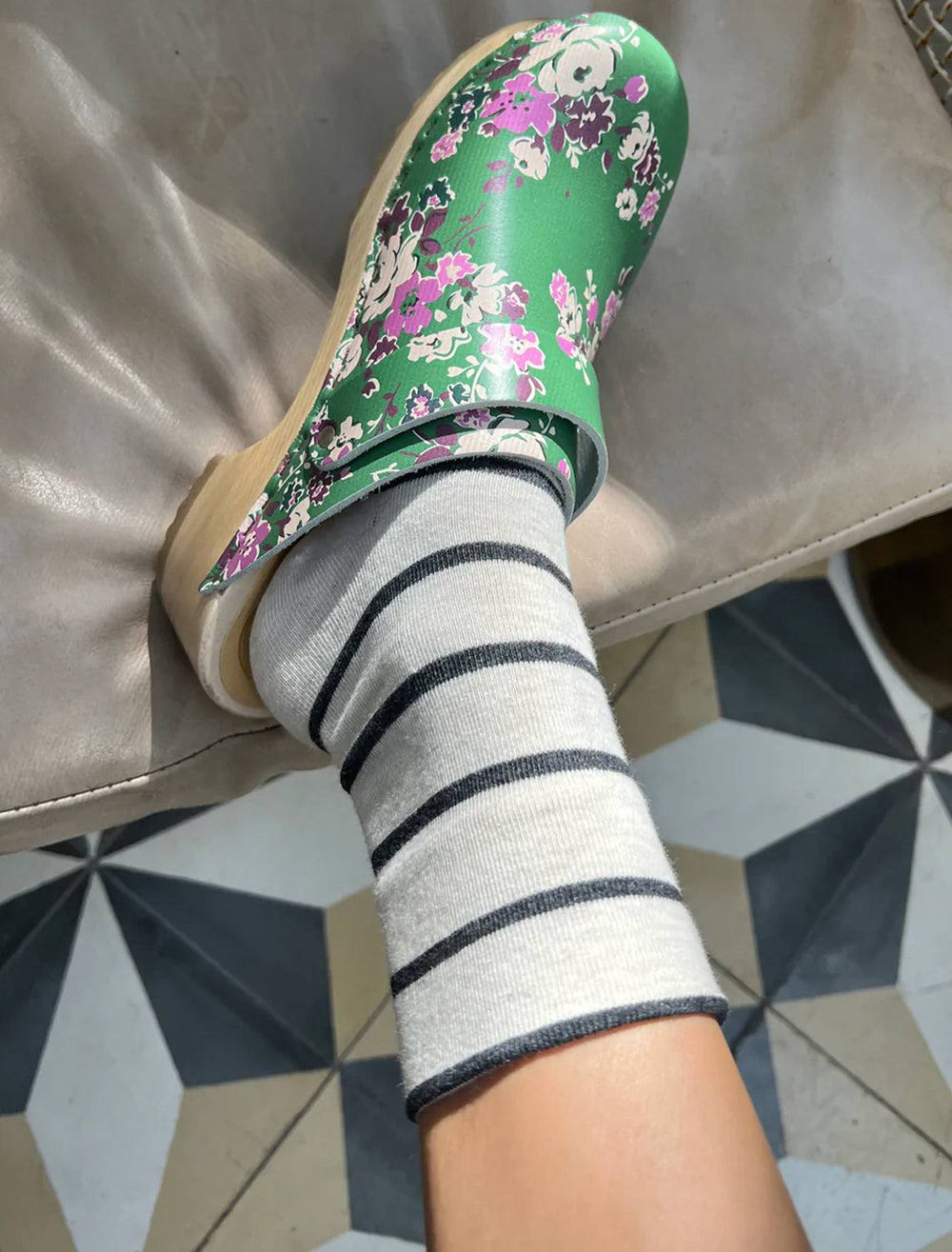 Model wearing Le Bon Shoppe's wally socks in grain.