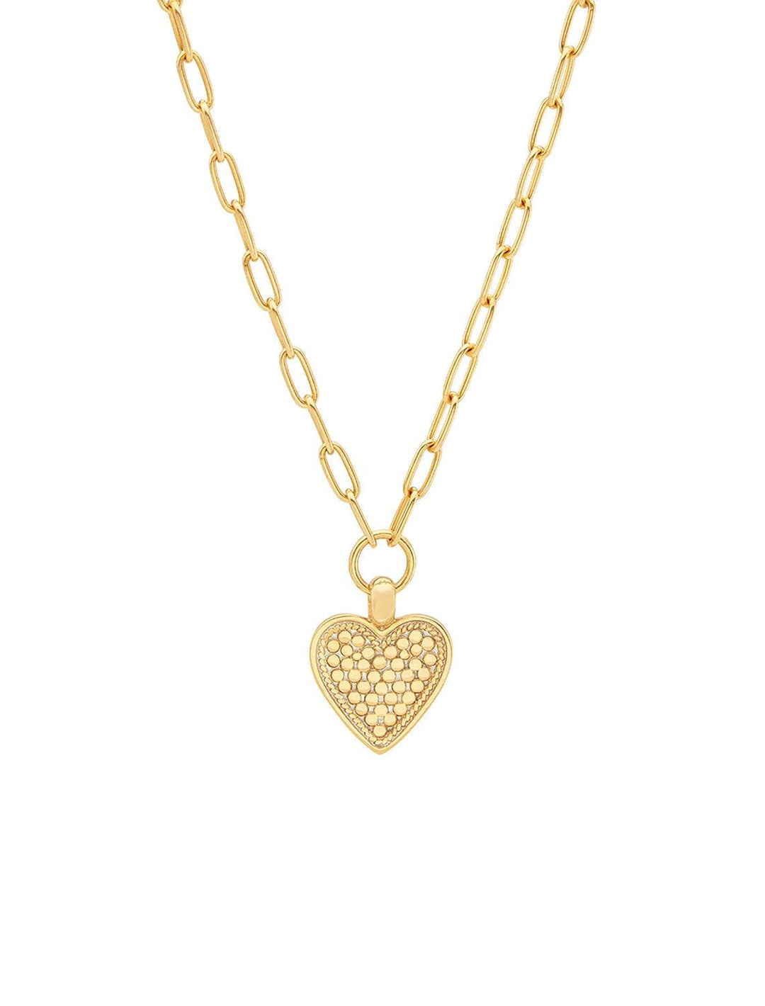 Front view of Anna Beck's medium heart engravable necklace in gold.
