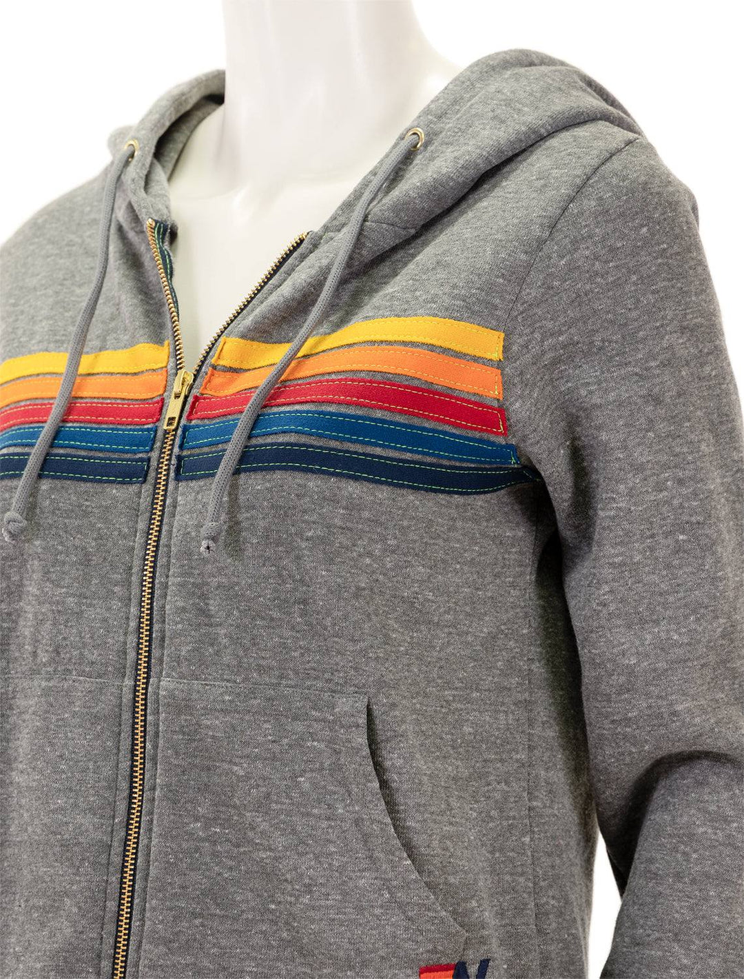 Close-up view of Aviator Nation's 5 stripe zip hoodie in heather grey.
