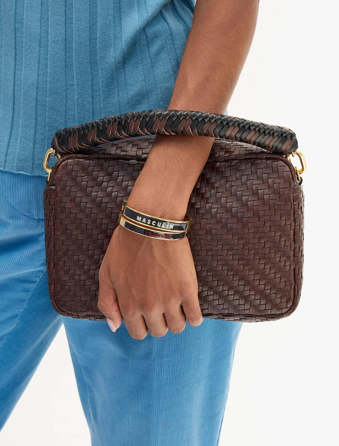 braided leather top handle in black and chocolate