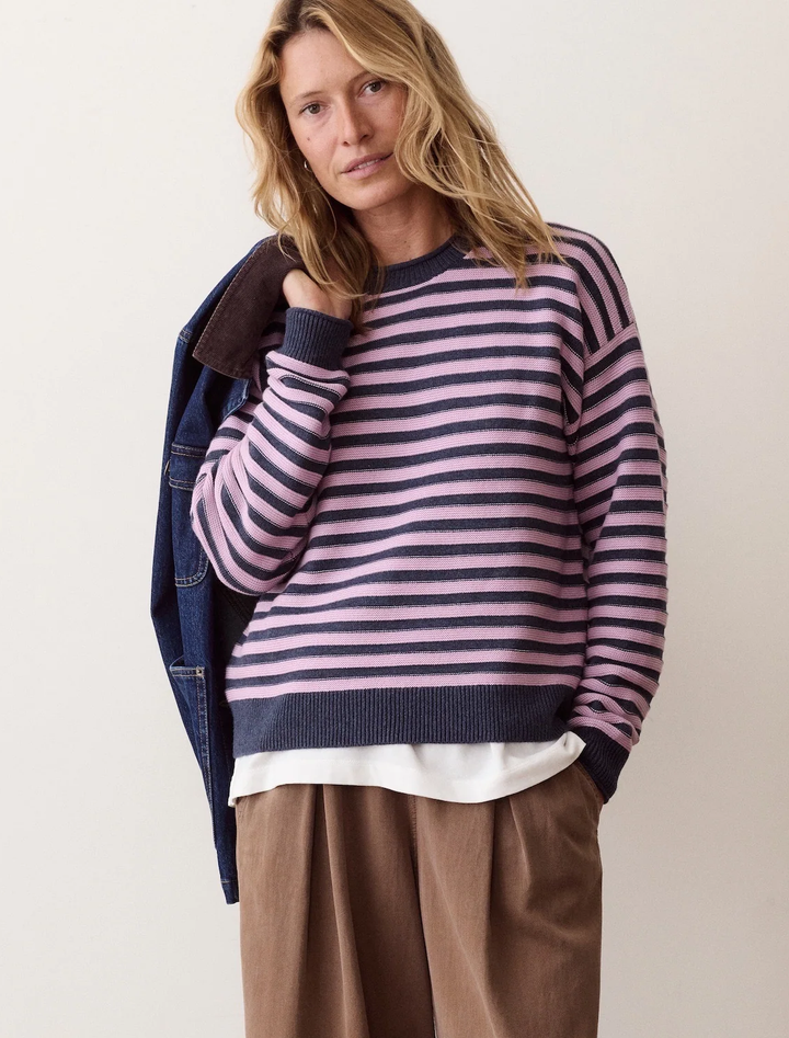 suki crewneck sweater in navy and lilac stripe