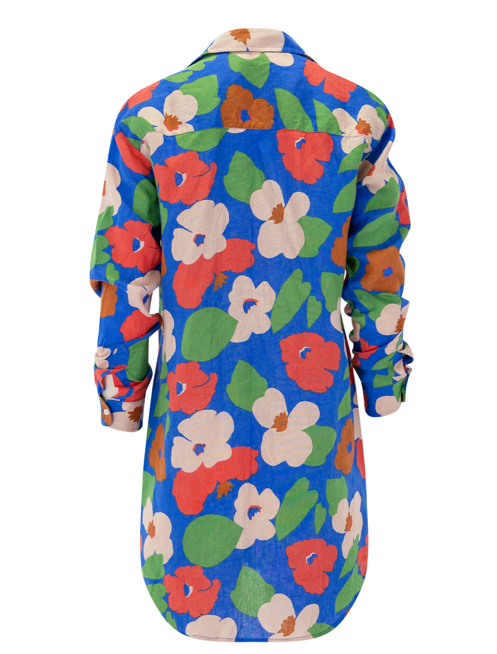mary dress in bright blue floral