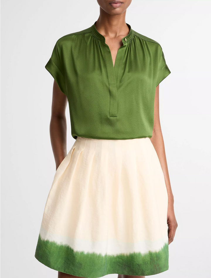 gathered neck cap sleeve blouse in herb