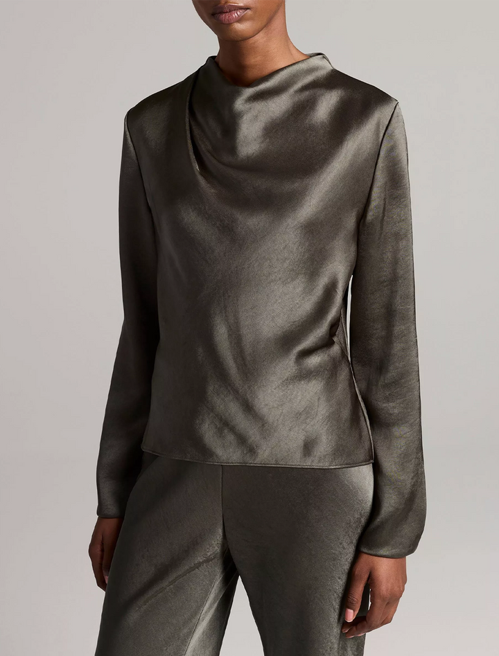draped cowl neck top in dusty olive