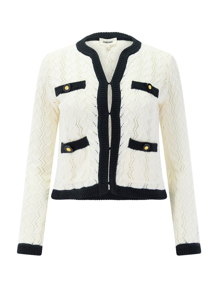 zephyra pointelle cardigan in ivory and black