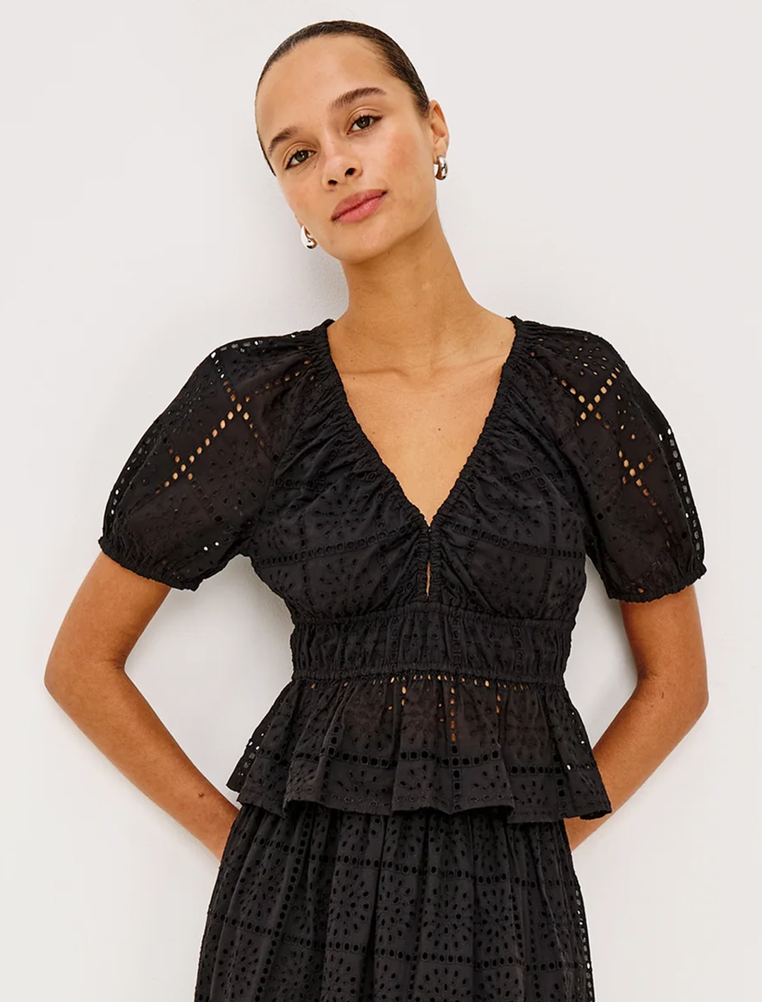 argenta top in black grid embroidery