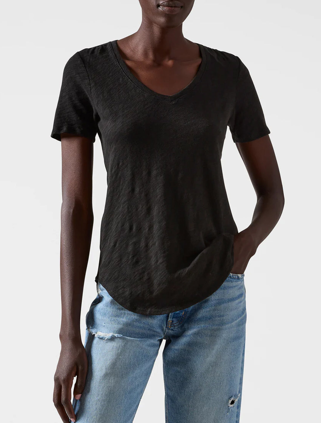Model wearing ATM's slub v-neck tee in black.