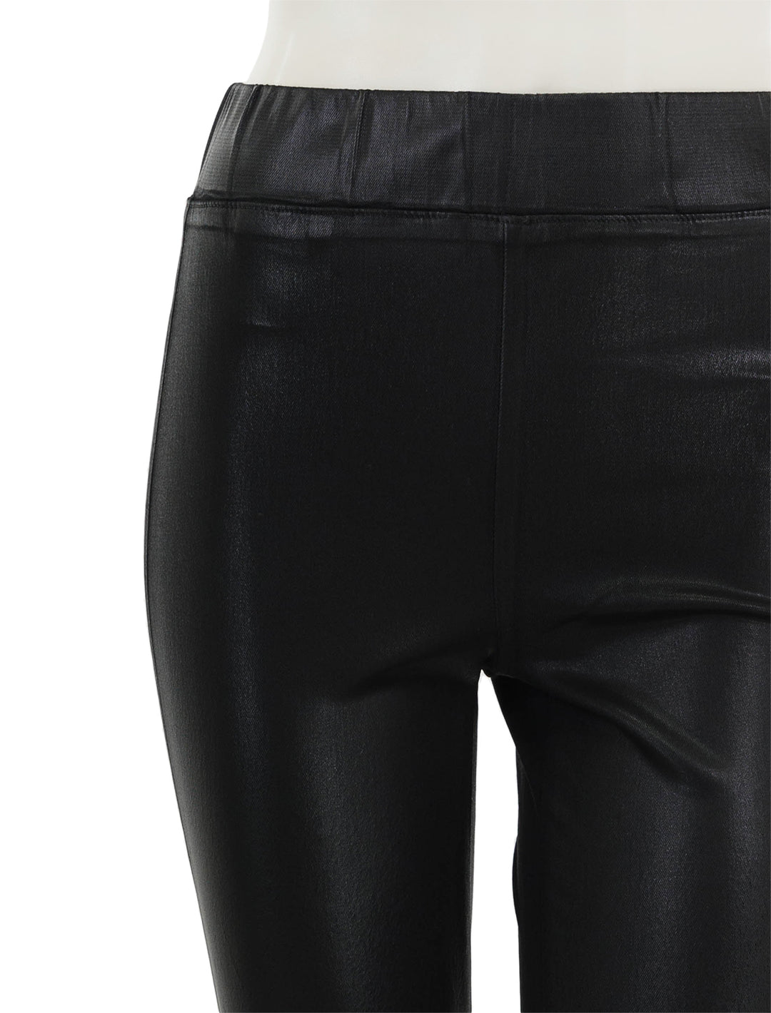 Close-up view of L'agence's rochelle high rise pull-on jean in noir coated.