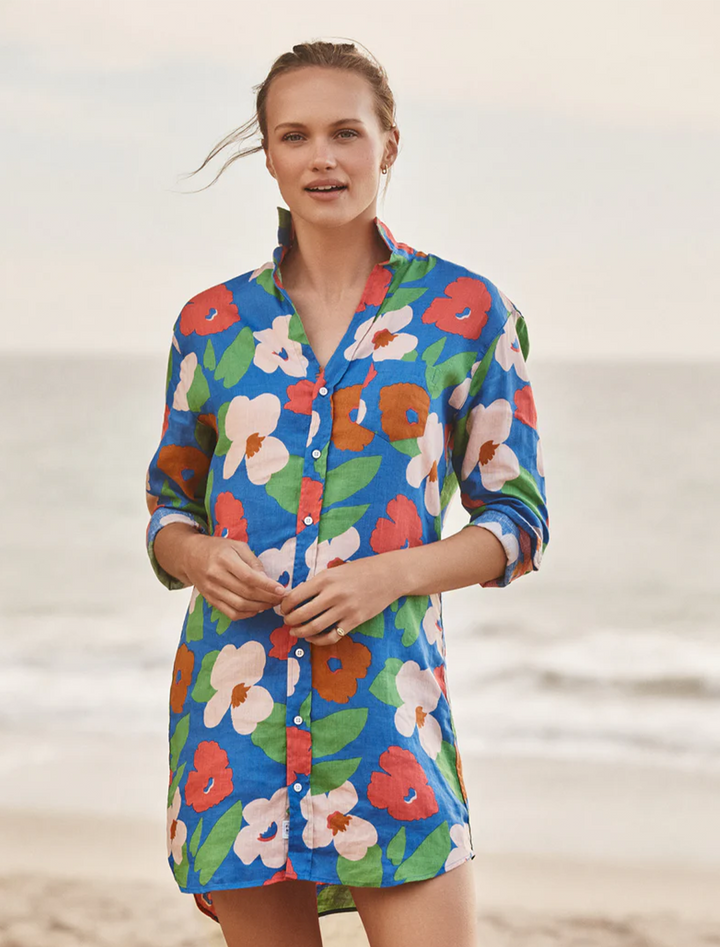 mary dress in bright blue floral