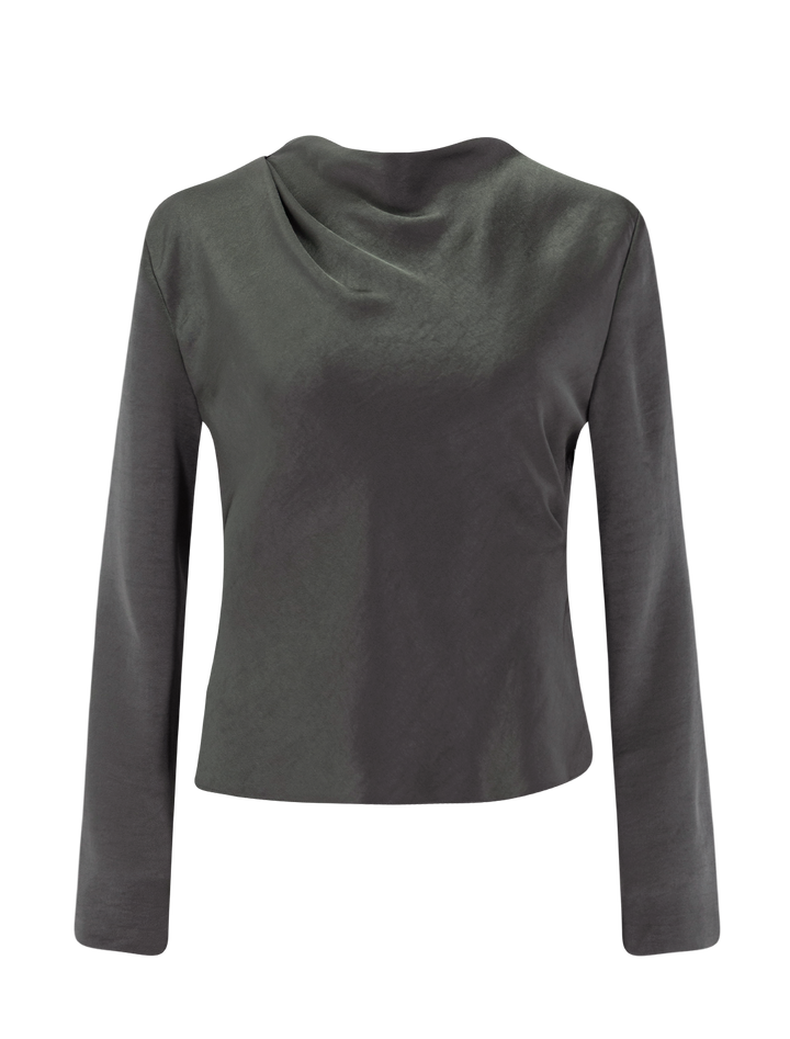 draped cowl neck top in dusty olive