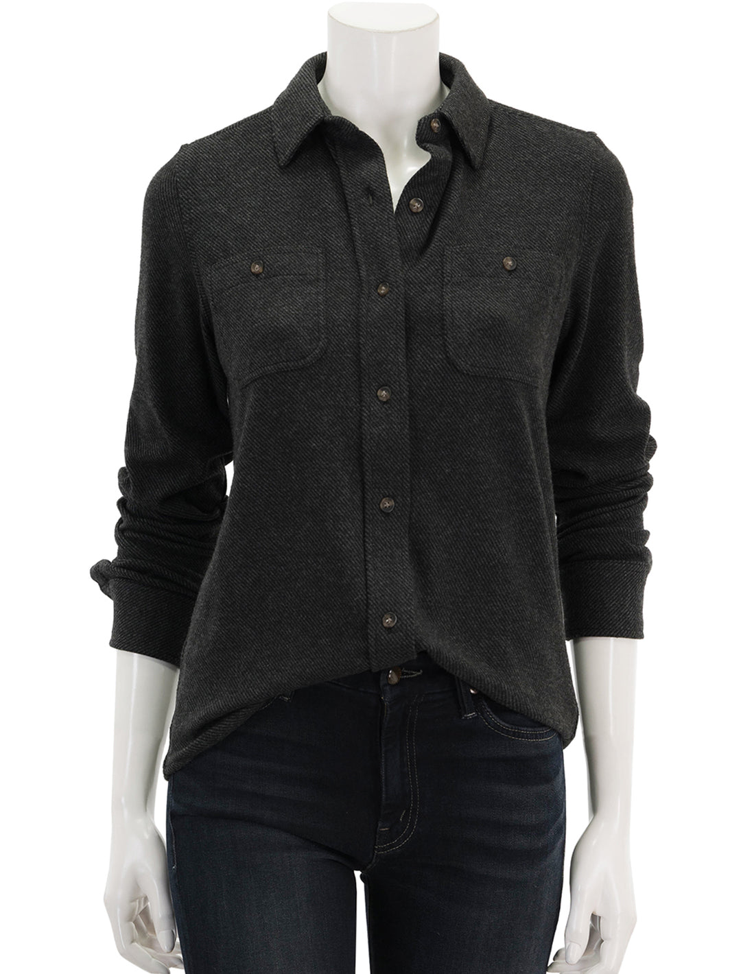 Front view of Faherty's legend sweater shirt in heathered black twill.