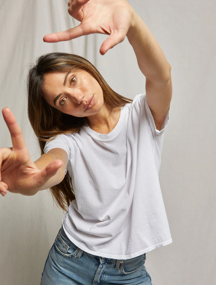 Model wearing Perfectwhitetee's harley crew tee in white.