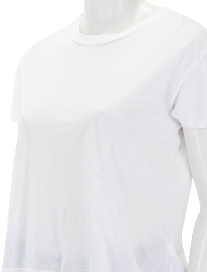 Close-up view of Perfectwhitetee's harley crew tee in white.