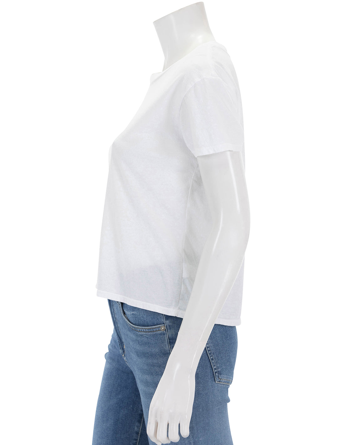 Side view of Perfectwhitetee's harley crew tee in white.