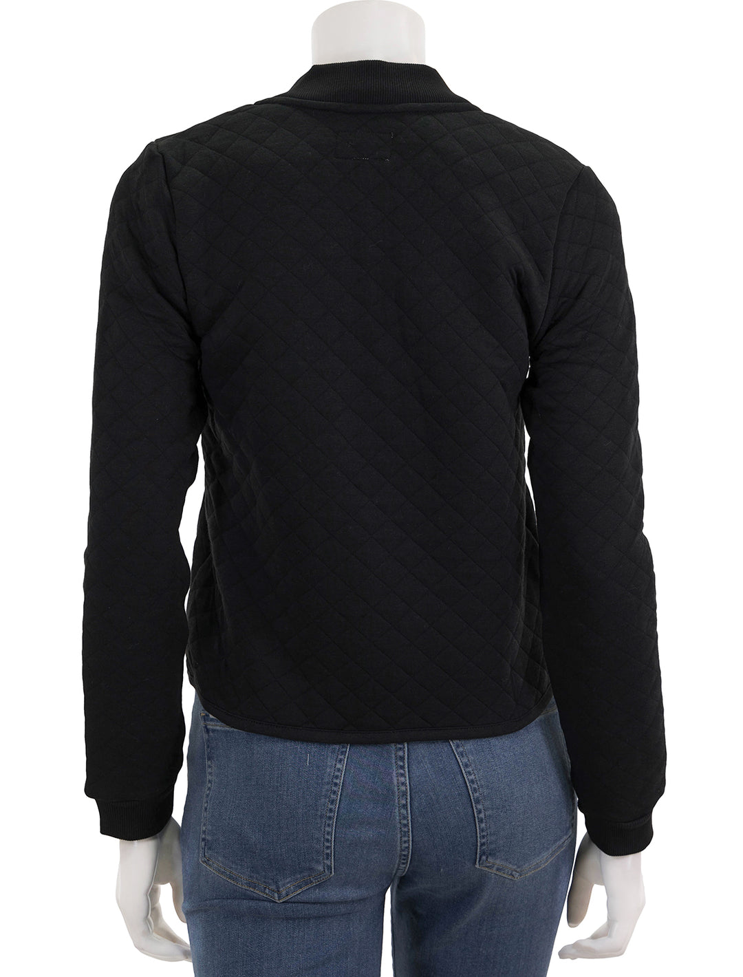 Back view of Marine Layer's corbet quilted bomber in black.