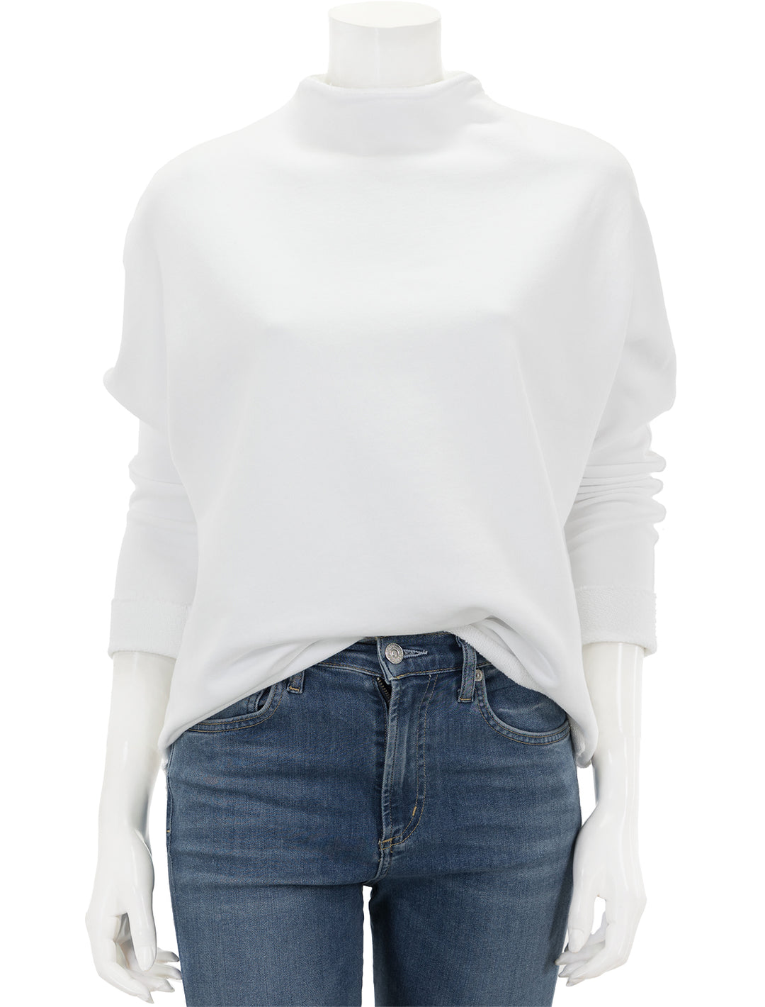 Front view of Frank & Eileen's funnelneck capelet in white.