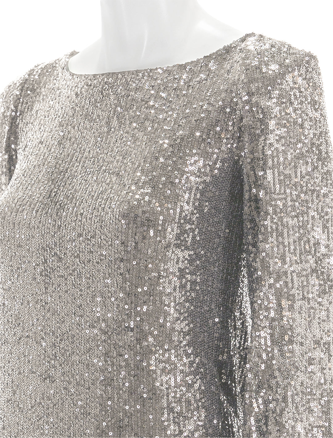 Close-up view of Steve Madden's delorean dress in silver.