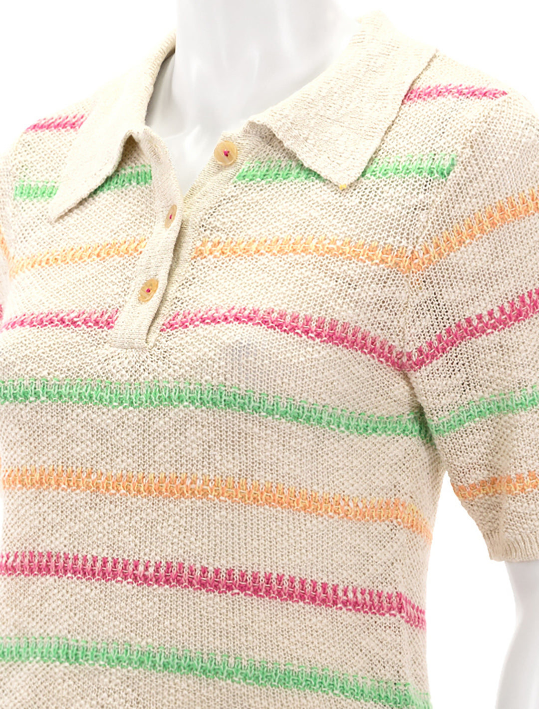 Close-up view of Scotch & Soda's striped polo sweater in vanilla multi.
