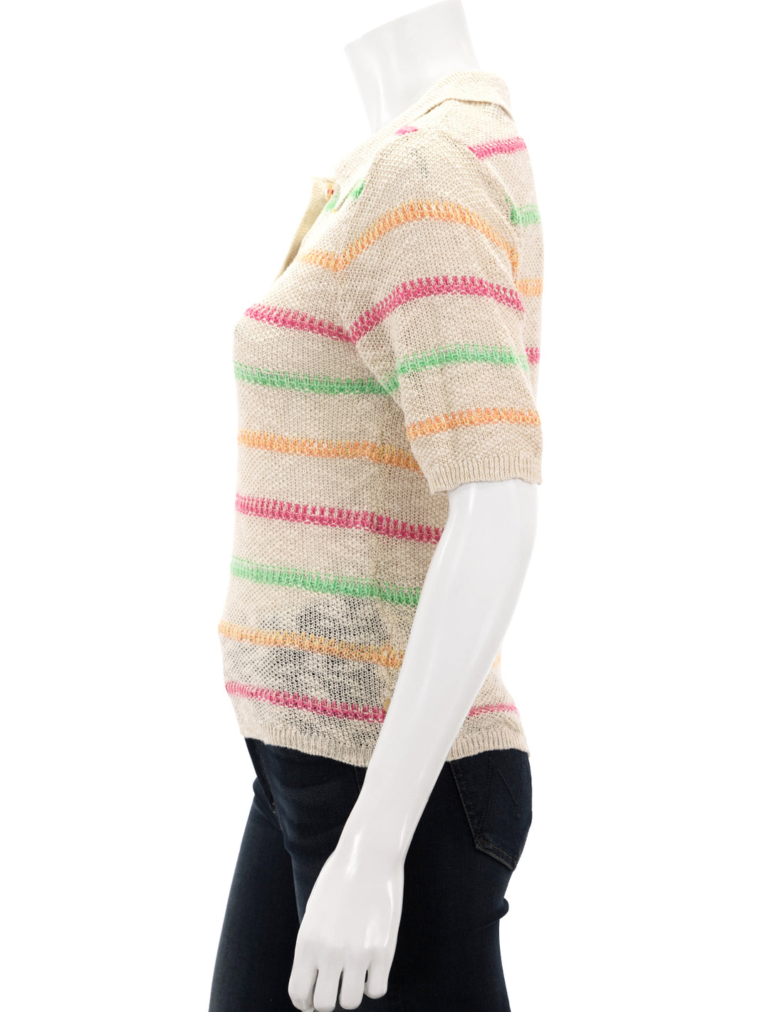Side view of Scotch & Soda's striped polo sweater in vanilla multi.