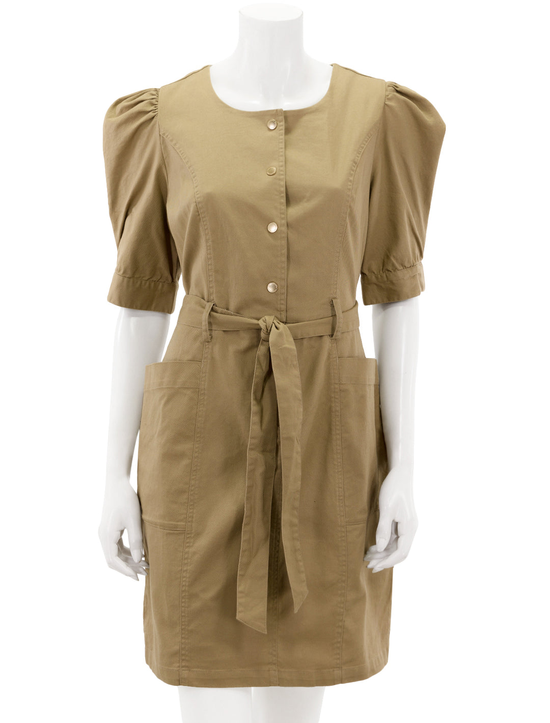 Front view of Scotch & Soda's belted workwear mini dress in sand.