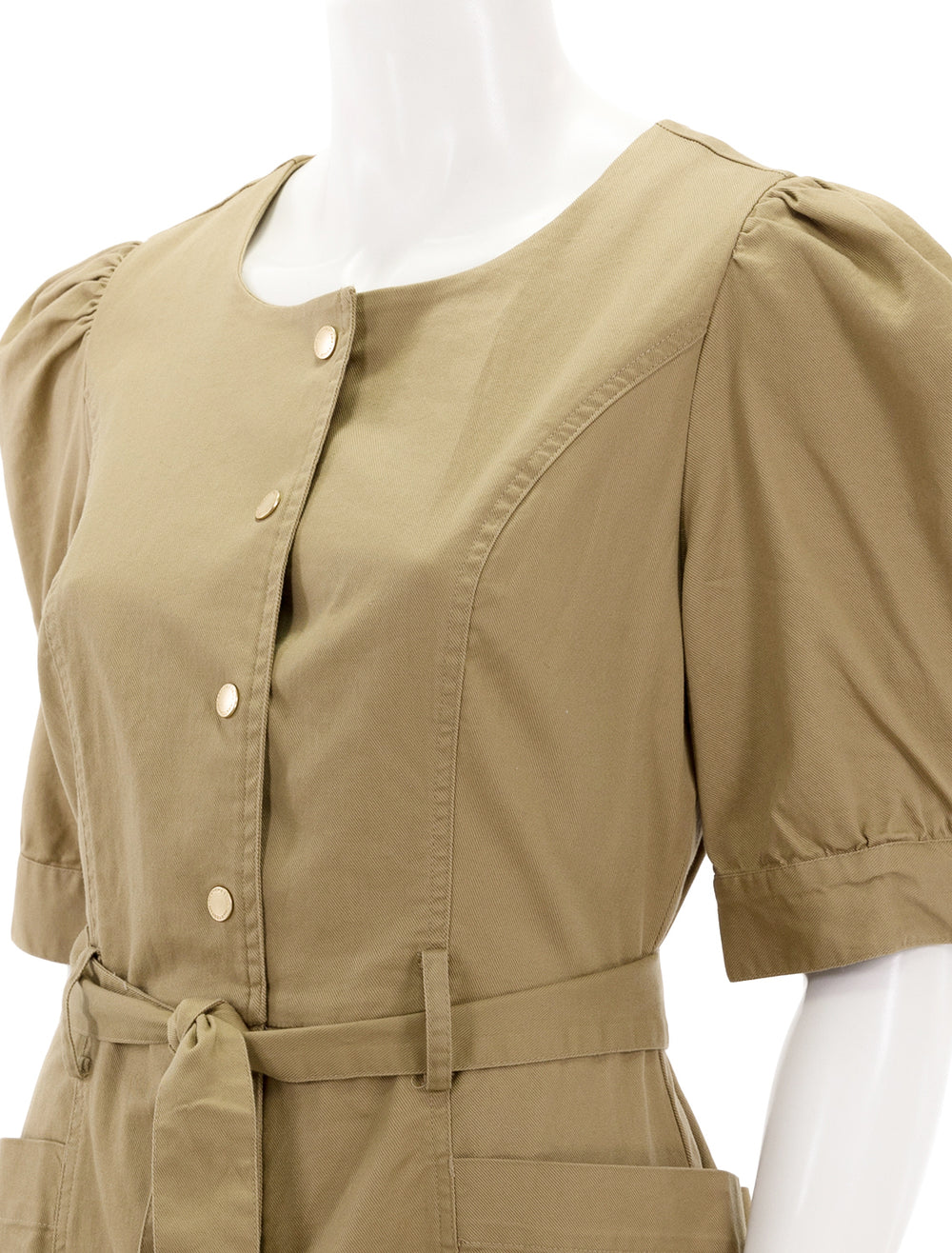 Close-up view of Scotch & Soda's belted workwear mini dress in sand.