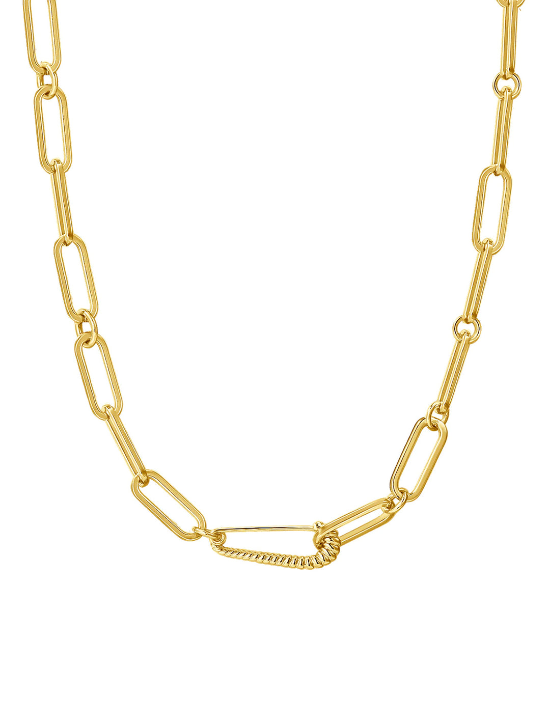 Front view of LUV AJ's the francois safety pin necklace in gold.