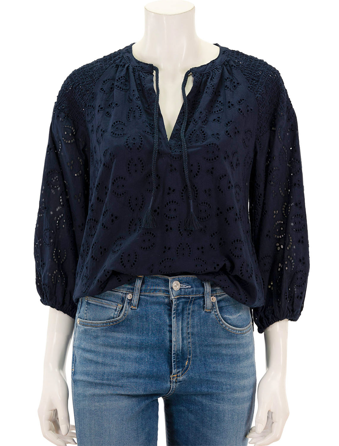 Front view of Splendid's taylor eyelet top in navy.