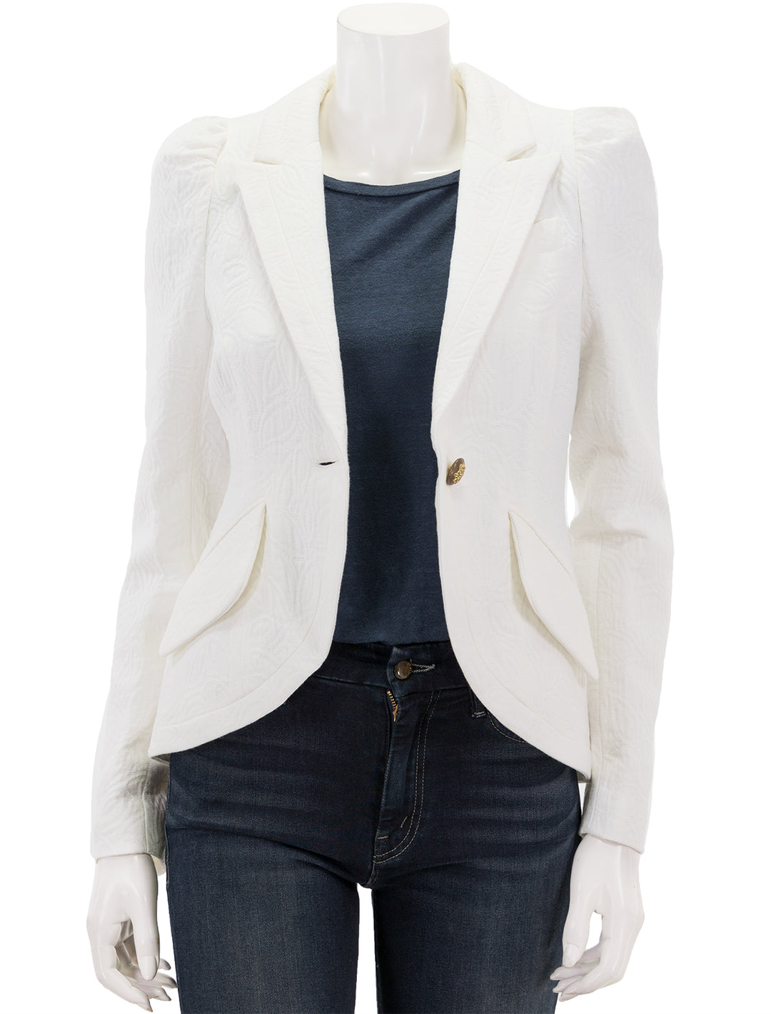 Front view of Smythe's taped pouf sleeve one button blazer in white jacquard, unbuttoned.