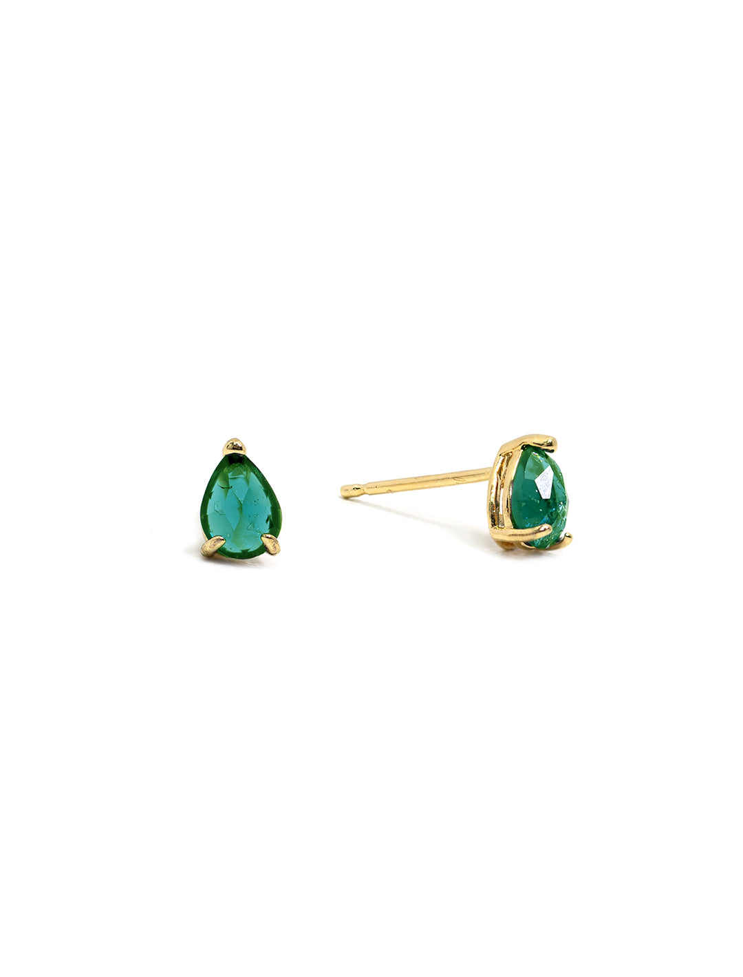 Front view of Tai's pear shaped stud in emerald.