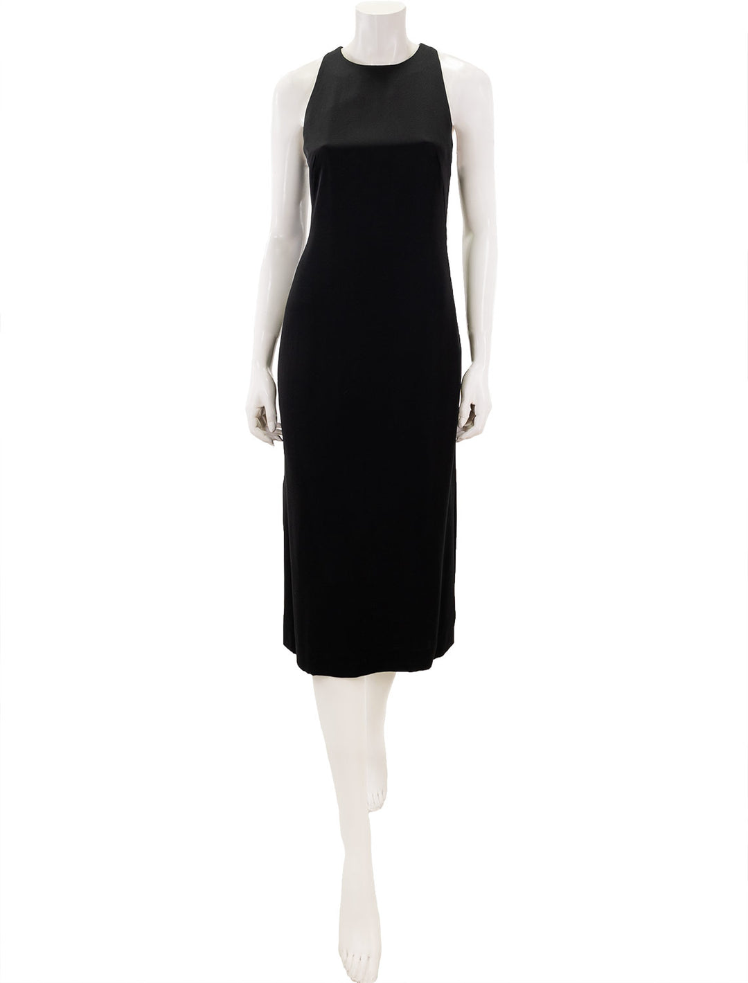 Front view of Theory's cross back midi dress in black.