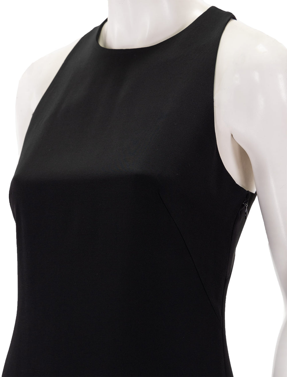 Close-up view of Theory's cross back midi dress in black.