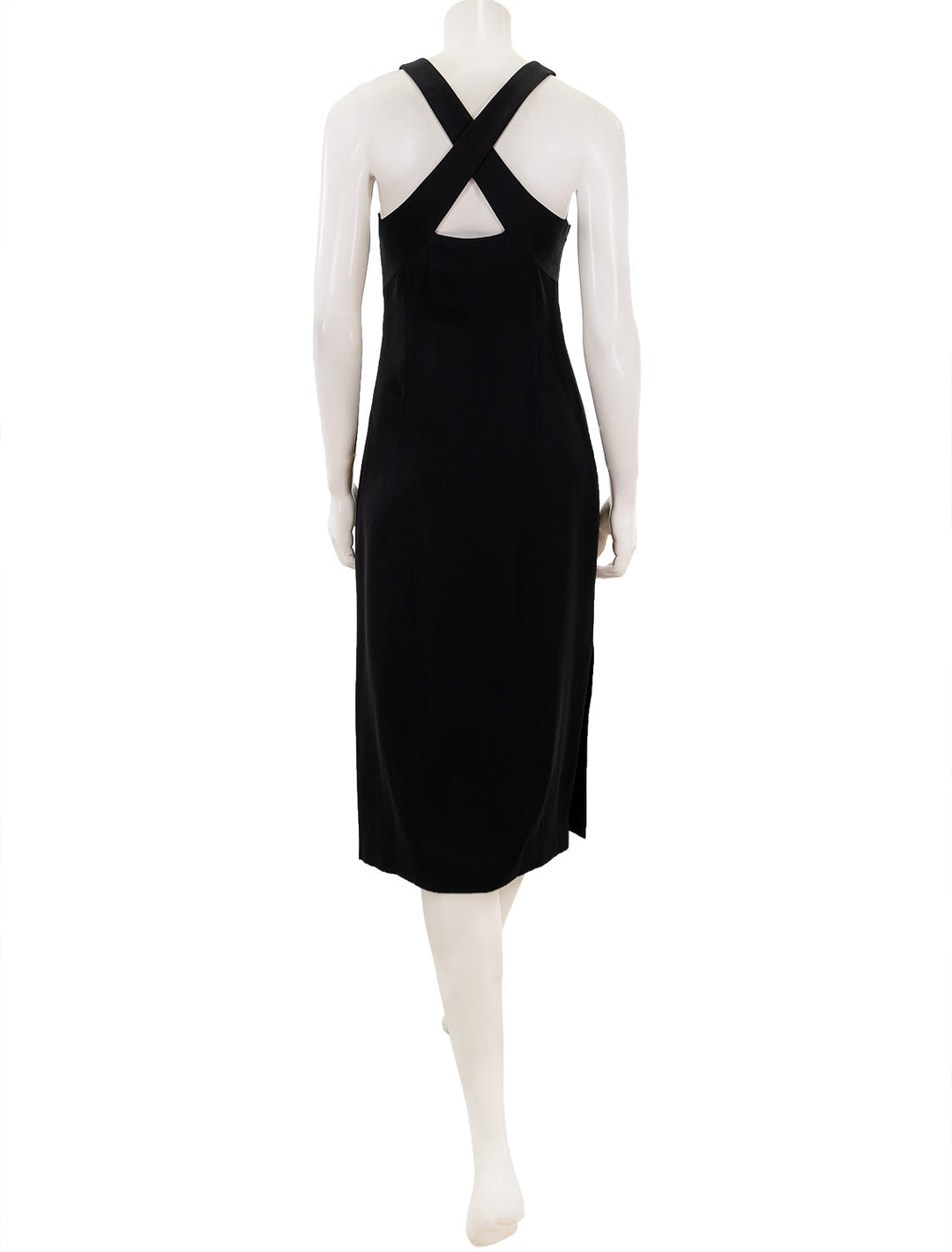 Back view of Theory's cross back midi dress in black.