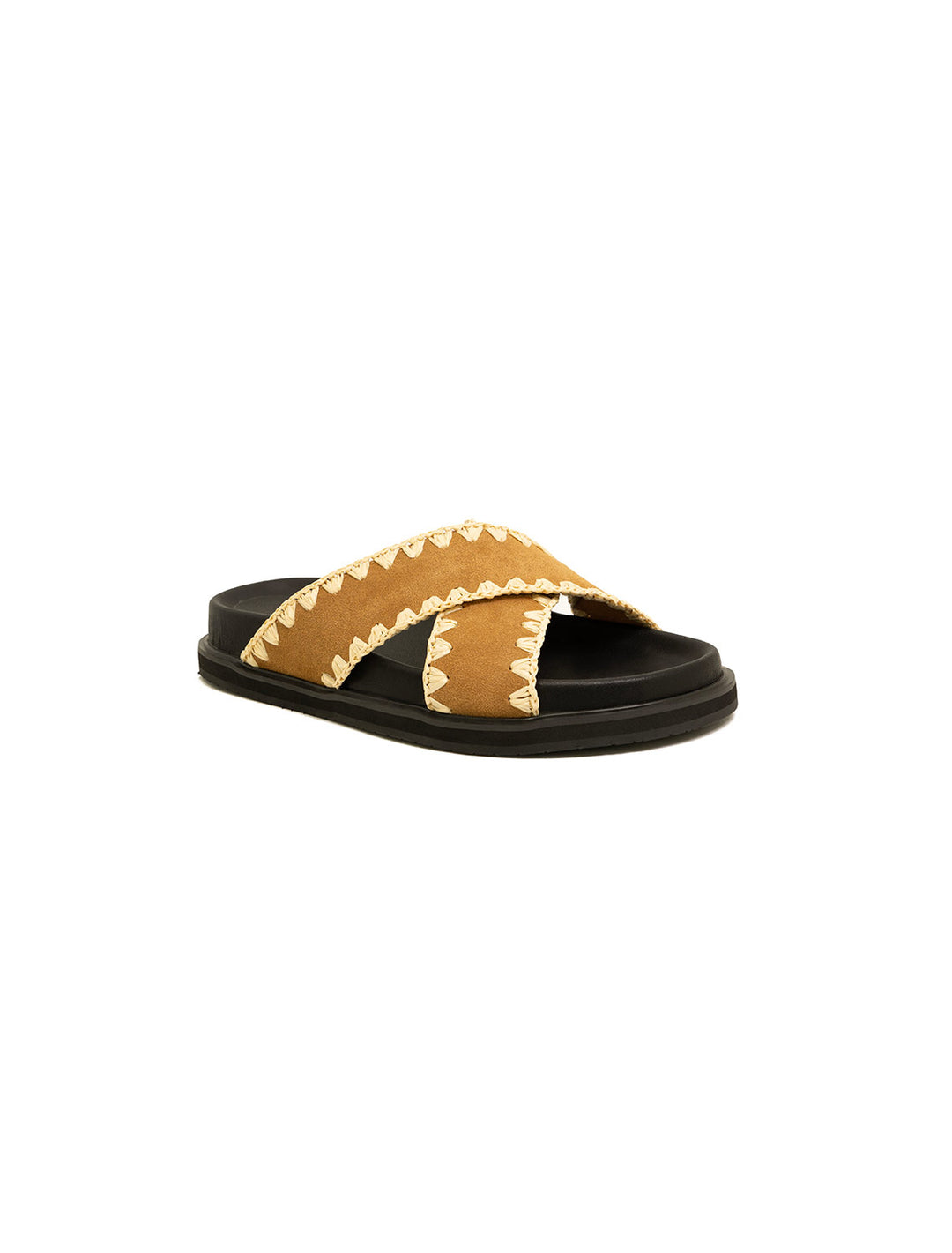 Front angle view of Suncoo Paris' Hedwina Sandals in Camel.