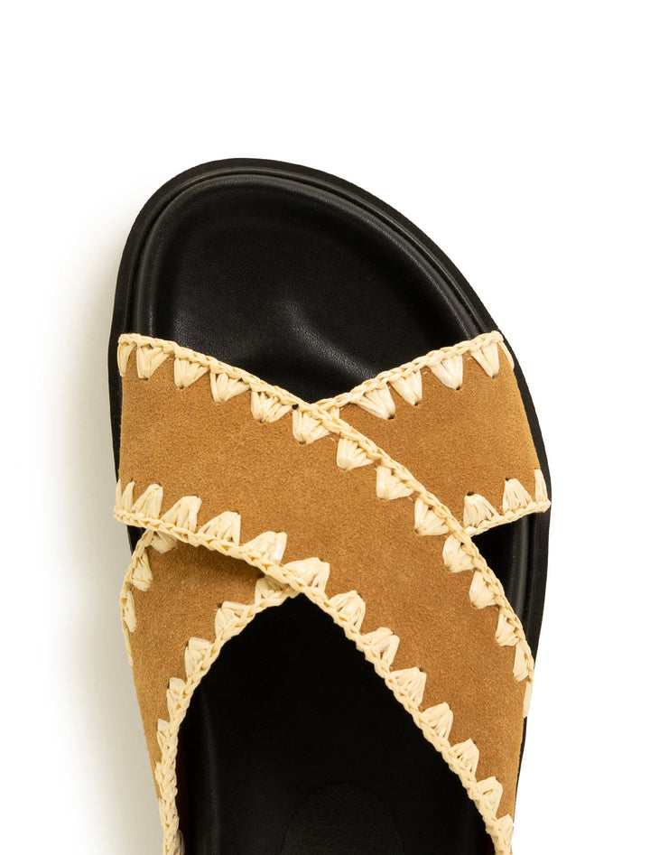 Close-up view of Suncoo Paris' Hedwina Sandals in Camel.