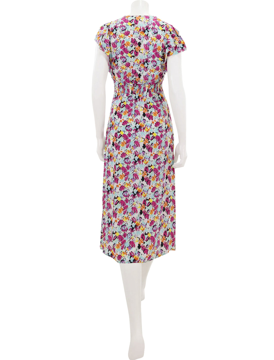 Back view of Suncoo Paris' callista dress in fuchsia floral.