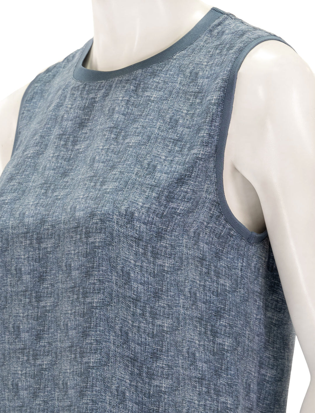 Close-up view of ATM's sleeveless muscle tee in naval blue combo.