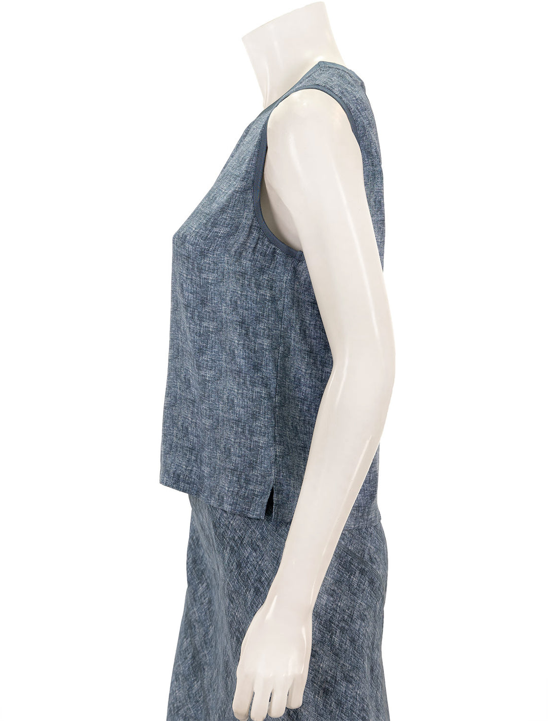 Side view of ATM's sleeveless muscle tee in naval blue combo.