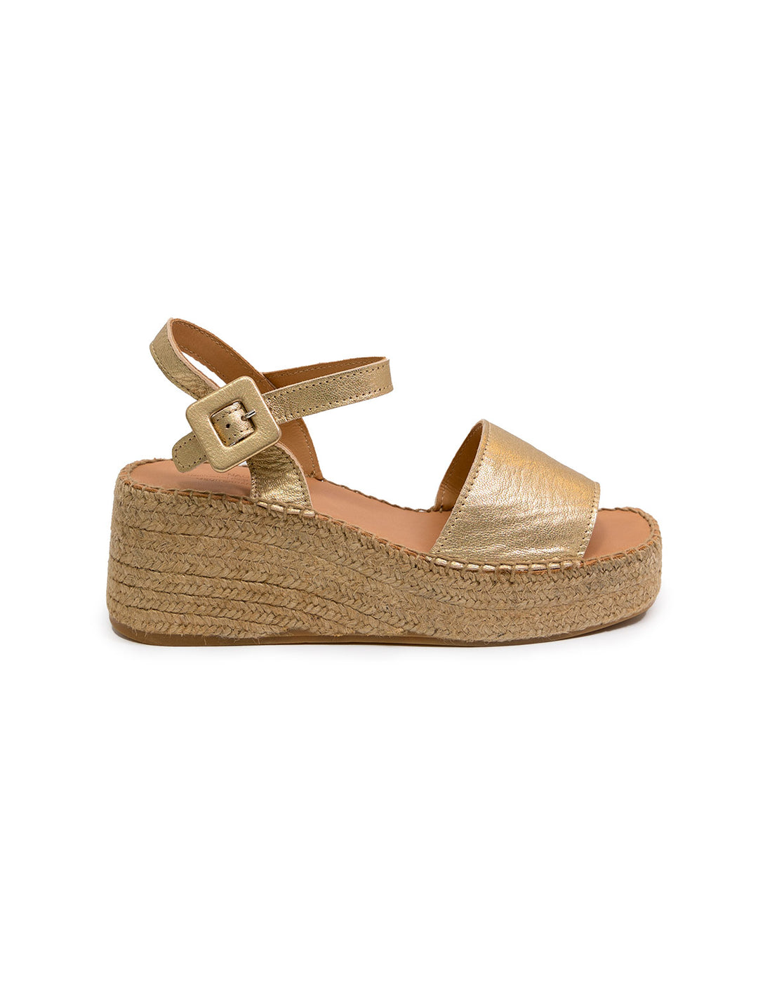Side view of Naguisa's rall espadrille wedge in metallic gold.