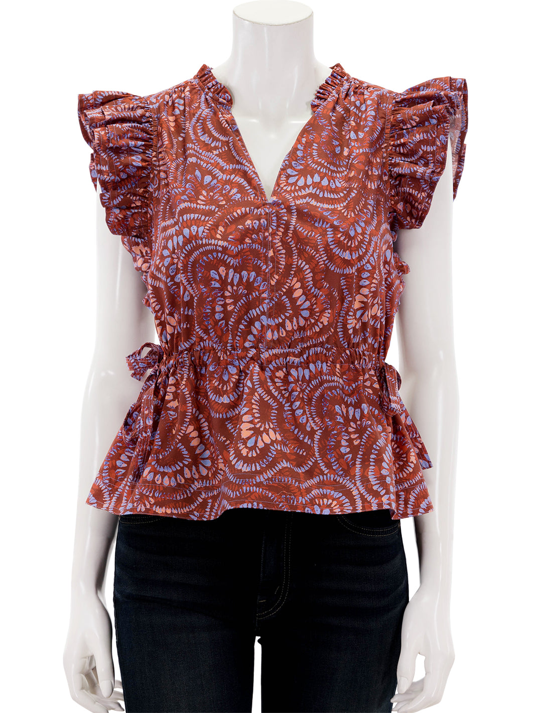 Front view of Marie Oliver's olive top in cranberry burst.