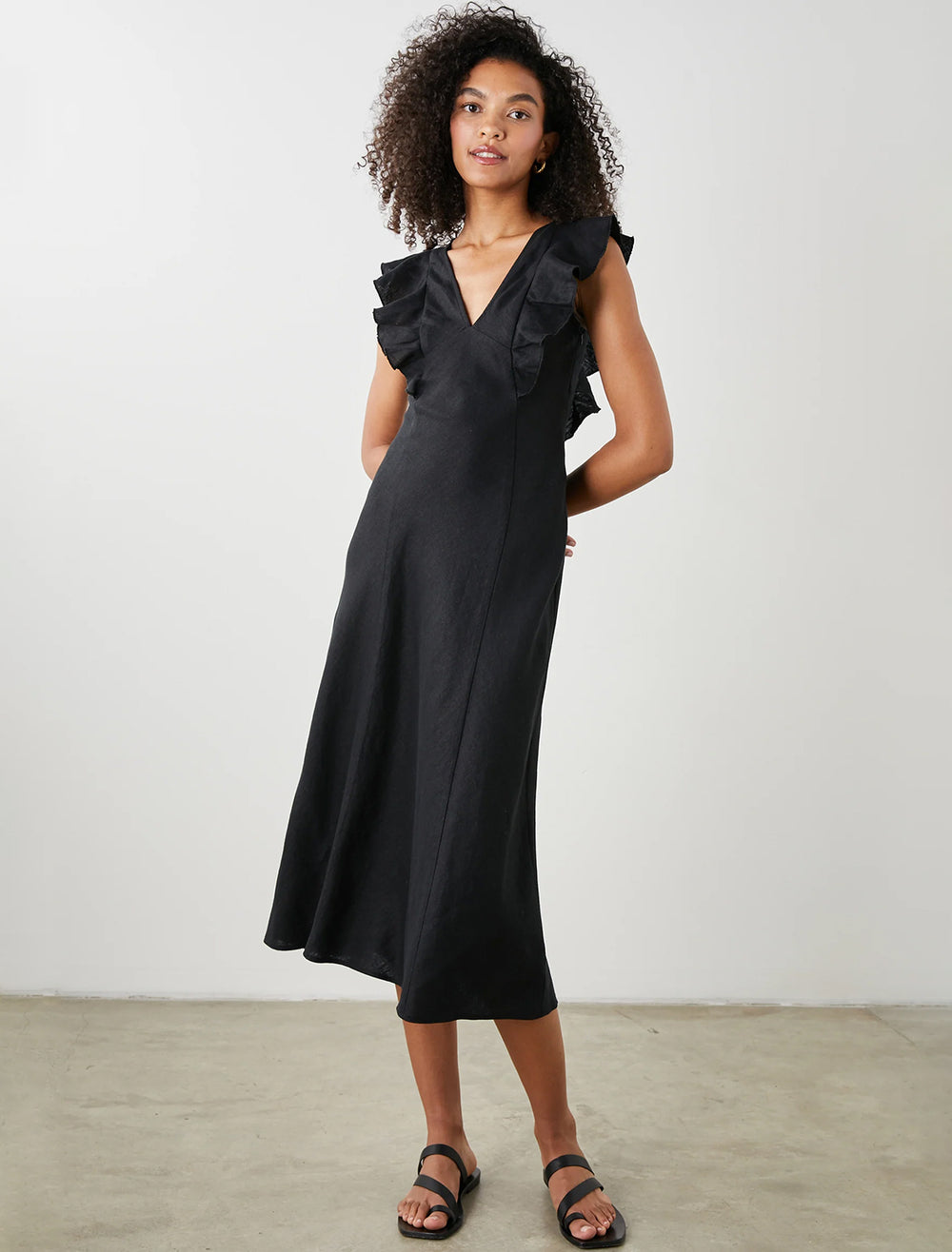 Model wearing Rails' constance dress in black.
