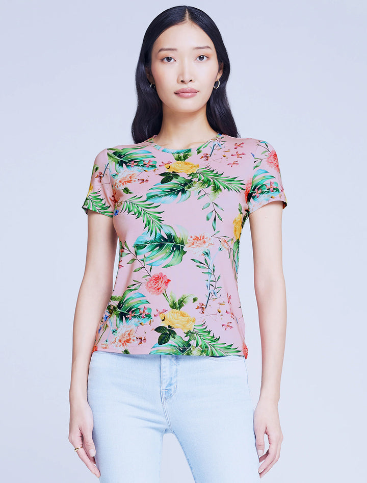 Model wearing L'agence's ressi tee in tropical flower.