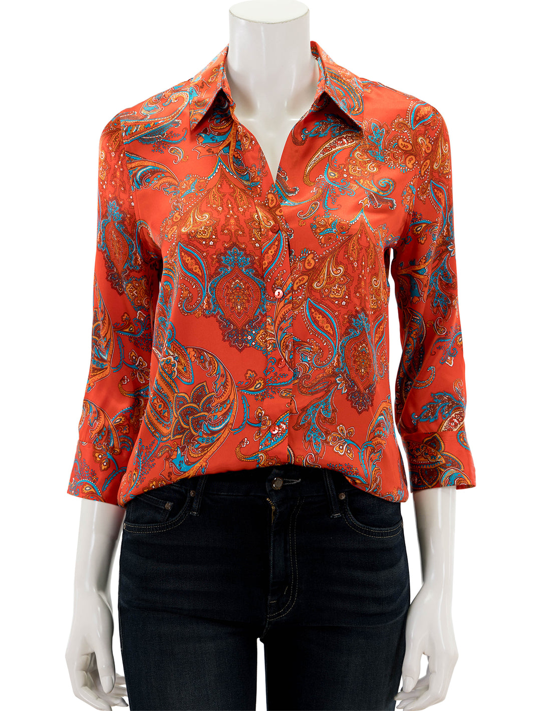 Front view of L'agence's dani shirt in fire red paisley.