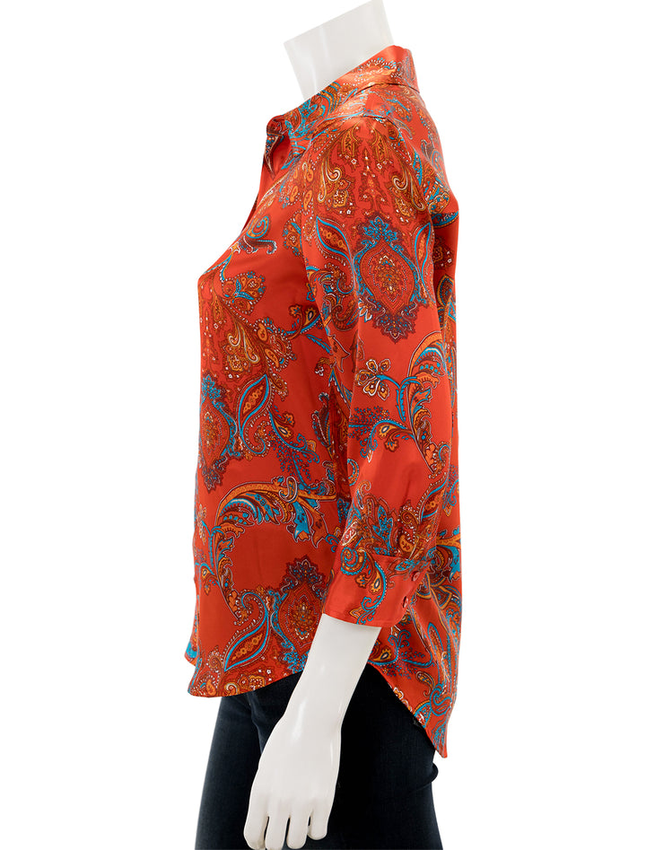 Side view of L'agence's dani shirt in fire red paisley.
